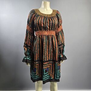 Anna Sui Multicolor Striped Geo-Print Dress (Orange, Teal, Black)